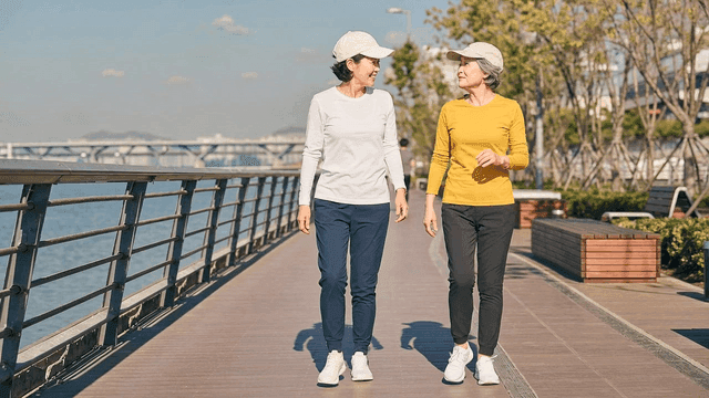 Two elderly women jogging by the riverside
