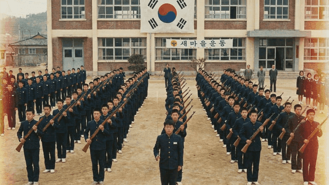 Students practicing military drills in school