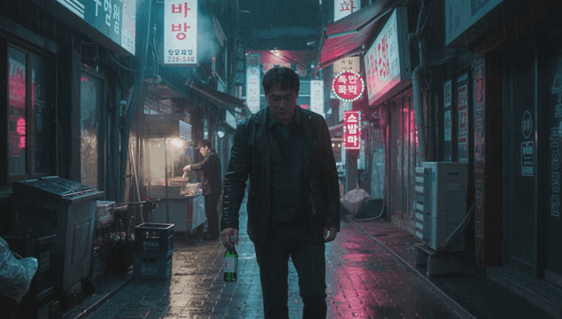 Depressed man walking down an alleyway on a rainy night holding a bottle of soju
