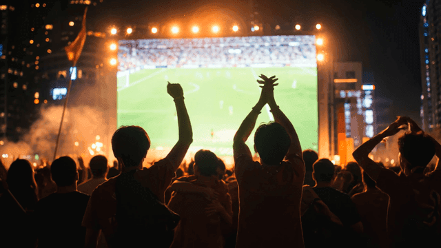 Crowd cheering while watching night soccer