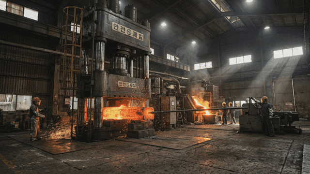 Workers hot forging in metalworking factory