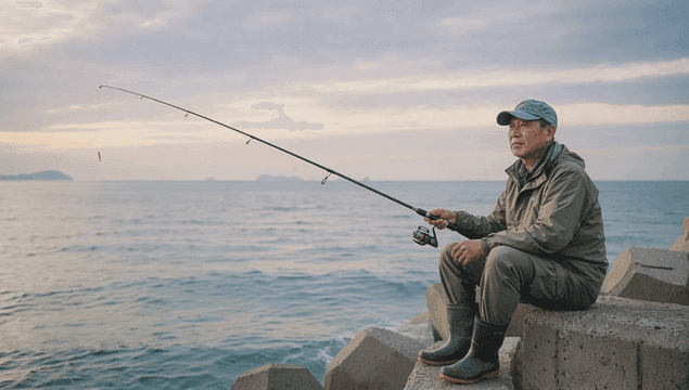 해질녘 바다앞 방파제에 앉아 낚시하는 중년 남자