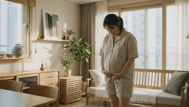 Pregnant woman standing in a cozy living room