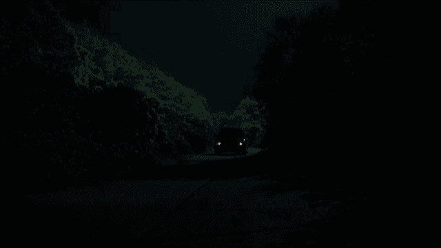 어두운 숲길을 달리는 자동차