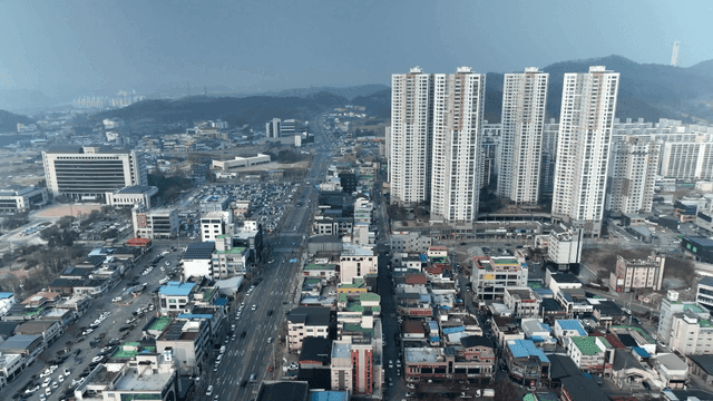 Bustling city with tall buildings