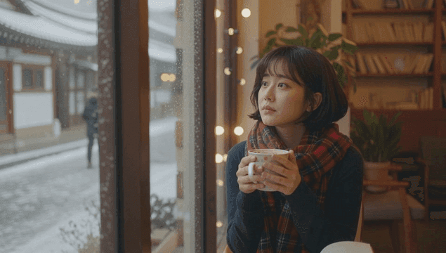 눈 오는 카페 창가에서 커피를 즐기는 젊은 여성