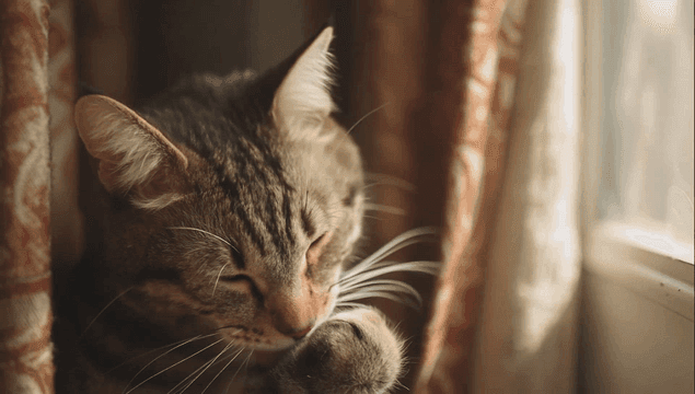 A cat grooming itself by the window