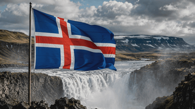 Icelandic flag waving near a waterfall