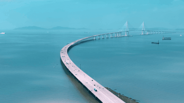 Long bridge stretching over sea