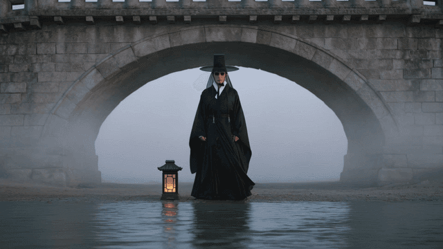 Grim Reaper wearing dark hanbok under stone bridge