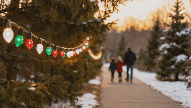 Family walking on a snowy path with christmas lights