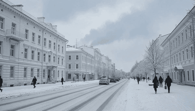 Cars and people driving on snow-covered roads
