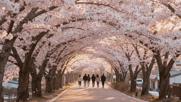벚꽃잎이 흩날리는 길을 함께 걷는 사람들의 뒷모습