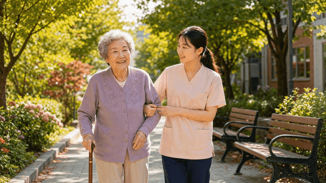 Caregiver walking with elderly in park