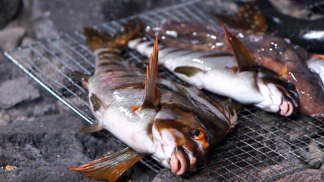 Fresh fish prepared on a grill over a stone hearth