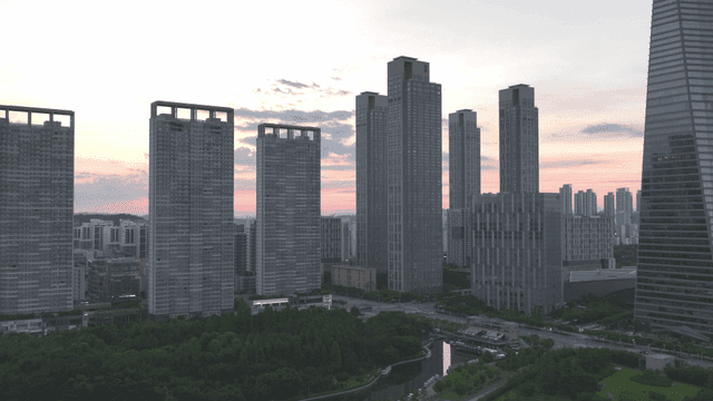 City skyline with high-rise buildings at sunset