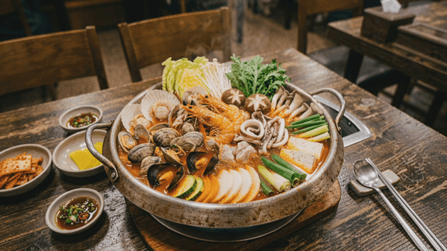 Steaming seafood hot pot on table