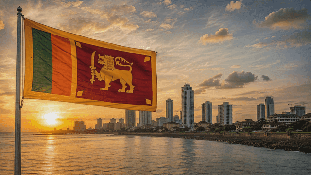 Sri Lankan flag and city skyline at sunset