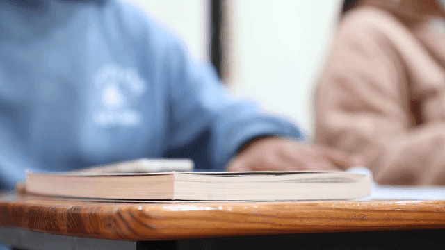 Elementary school students sitting at their desks in classroom
