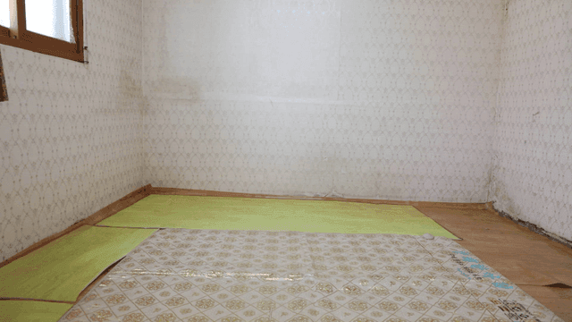 패턴 벽지가 있는 빈 시골 방