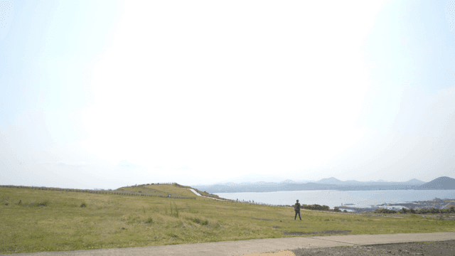 Person walking on a grassy hill by the sea