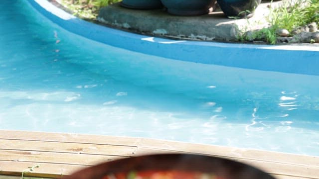 Appetizing spicy stir-fried chicken plated on an outdoor table