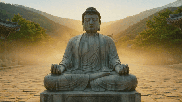 Serene Buddha statue in foggy temple courtyard.