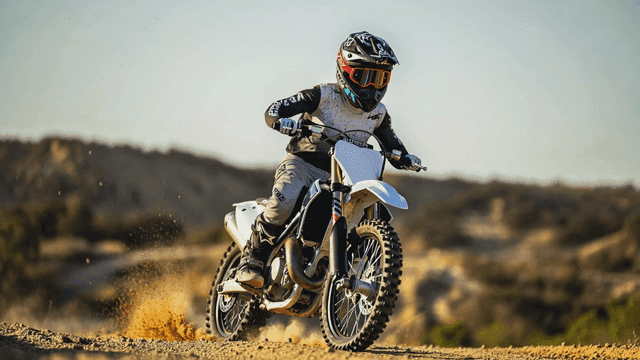 Motocross rider riding on dirt road