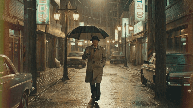 Man with umbrella in rainy alley