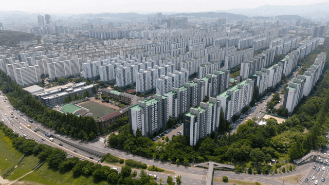 Aerial view of large apartment complex in city center
