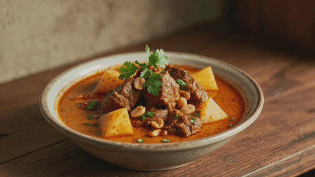 Bowl of spicy beef Massaman curry with potatoes