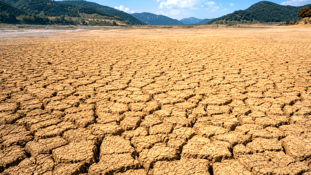 Vast drought-ridden terrain under clear sky