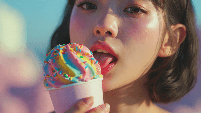 컬러풀한 아이스크림을 먹는 젊은 여성