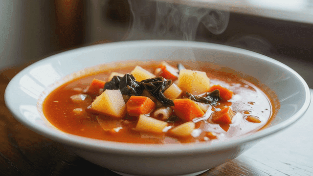 김이 나는 야채 미네스트로네 수프 한 그릇