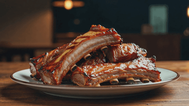 Plate of glossy barbecue pork ribs
