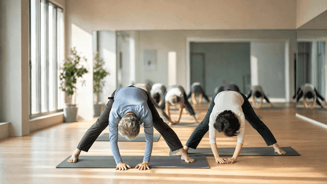 People doing yoga at bright yoga studio
