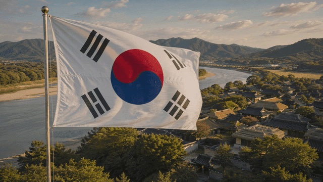 Korean flag fluttering above traditional Hanok village