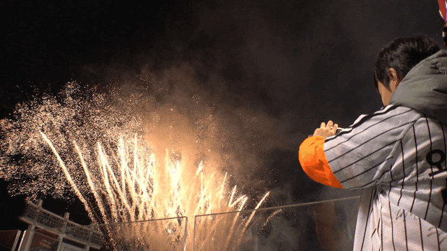 Fireworks at night with baseball fans