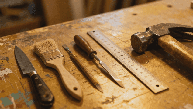 나무 테이블 위에 배열된 다양한 도구들
