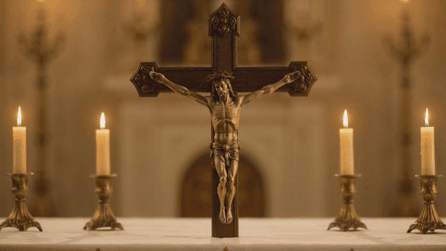 Candles and cross in cathedral
