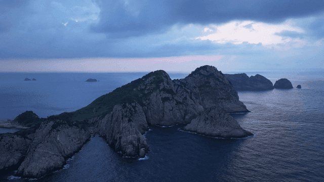 A serene island landscape at dusk