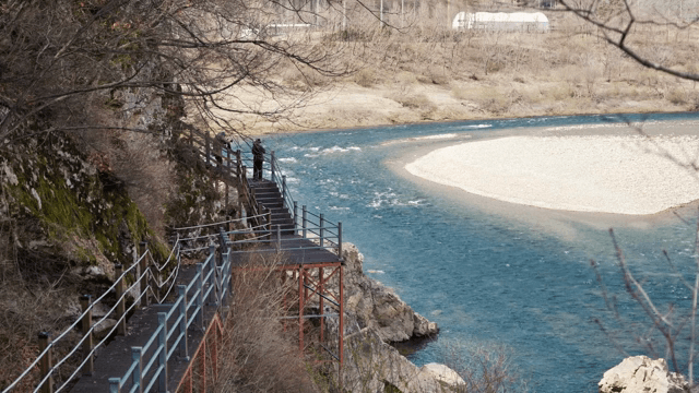 맑은 물이 흐르는 강변 산책로