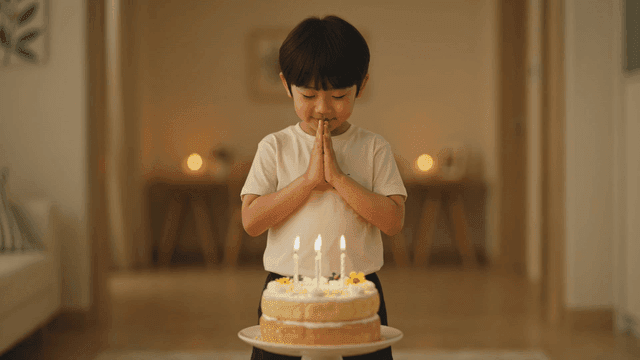 생일 케이크 앞에서 소원을 비는 남자 아이