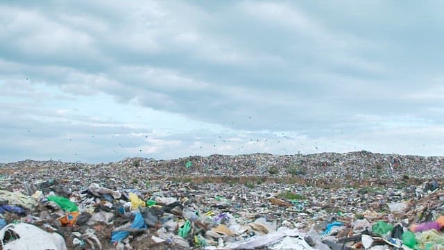 Vast landfill under cloudy sky with scattered trash