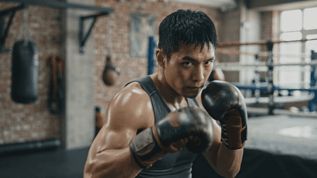 Boxer training intensely in a gym