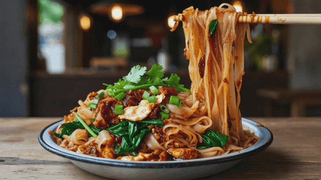 Plate of Pad Kee Mao, spicy noodles with vegetables