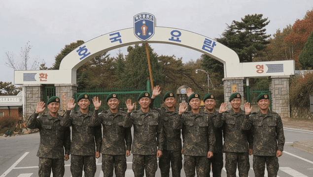 Soldiers waving at entrance to army training camp.