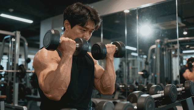 헬스장에서 덤벨을 드는 남성