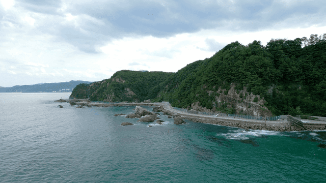 Coastal road with lush green hills