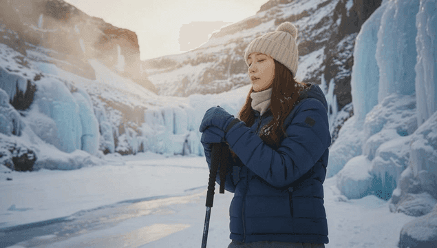 Female hiker catching her breath next to snow-covered ice wall.